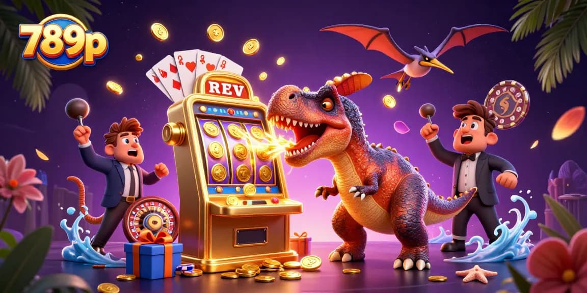 Experience excitement at 789p as a dinosaur wins jackpot coins from a golden slot machine.