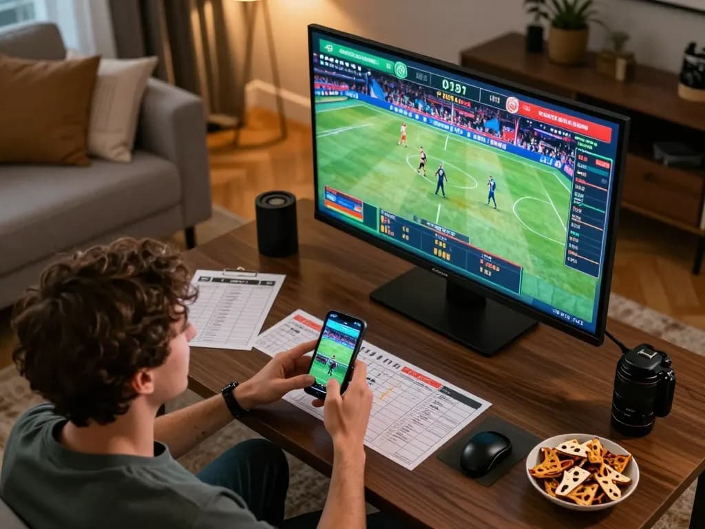 Engaging in online sports betting at home with bk8 using a smartphone and large screen.