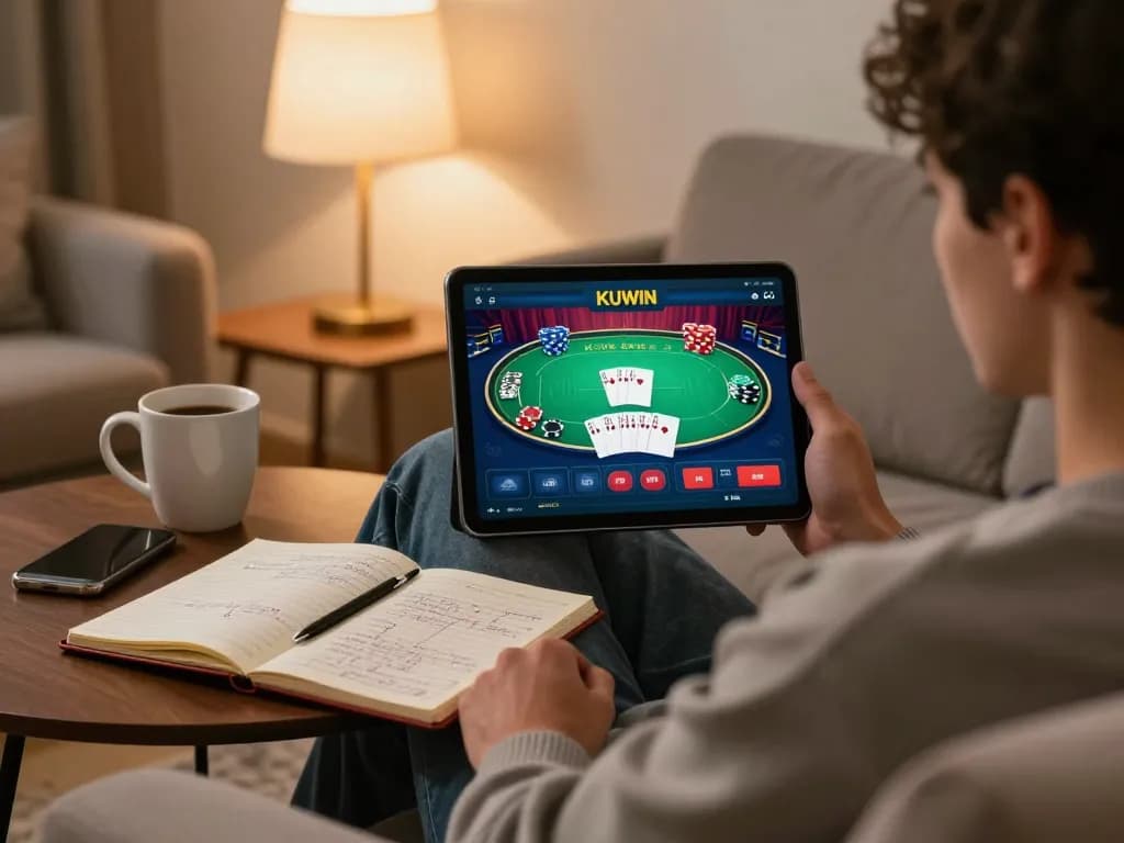 Kuwin player enjoying an online poker game on a tablet in a cozy living room.