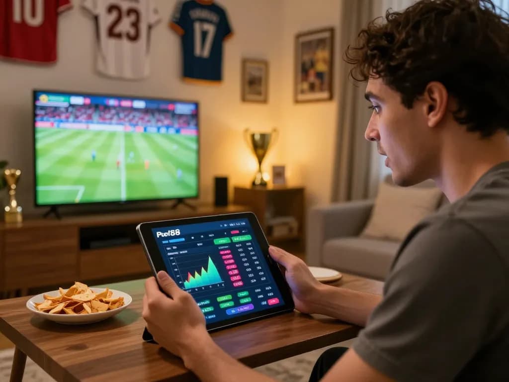 Engaged bettor using the Parlay Skor88 app on a tablet, immersed in sports betting action at home.