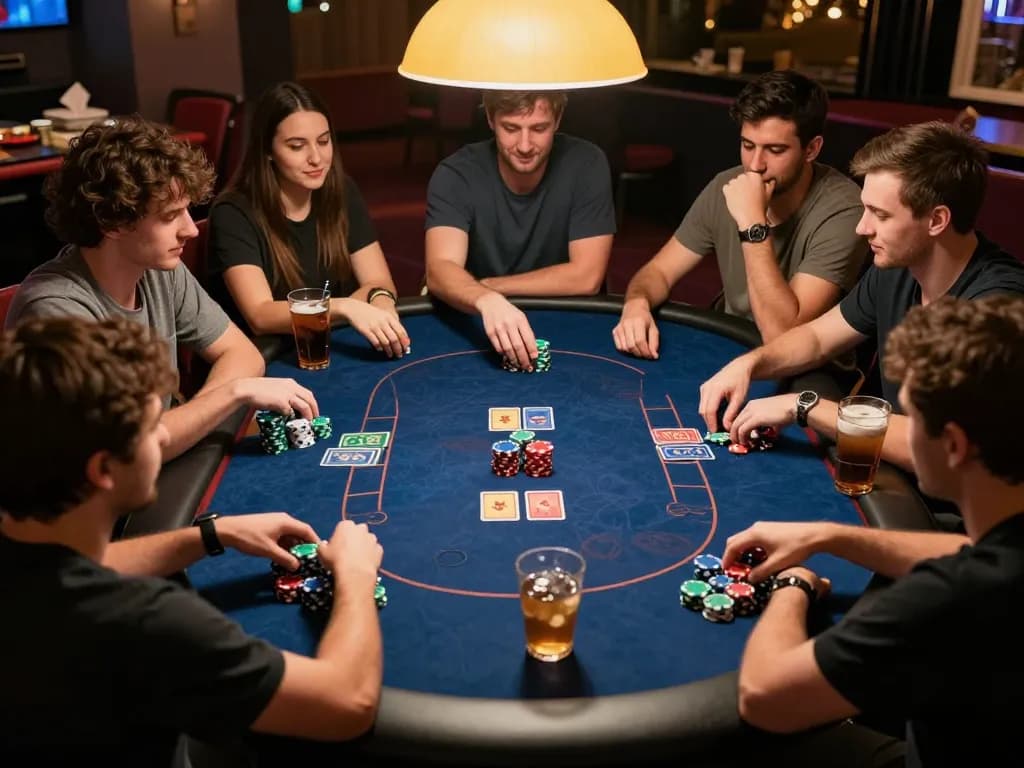 open88 players engaging in a lively home poker night, showcasing strategy and camaraderie.