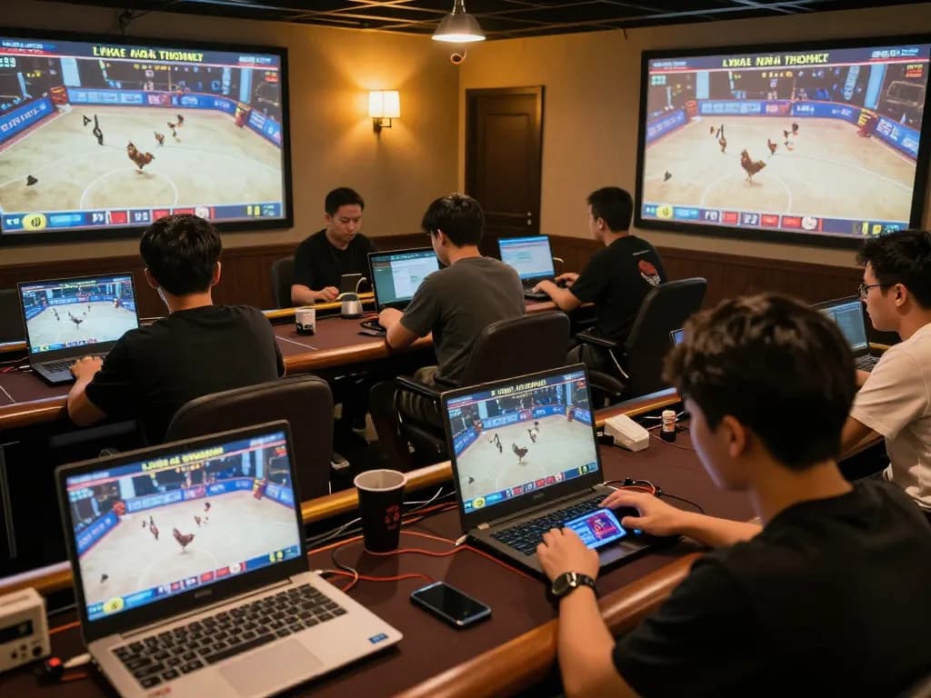 Engaged players watching Đá gà thomo live matches on their devices, capturing excitement and gameplay moments.