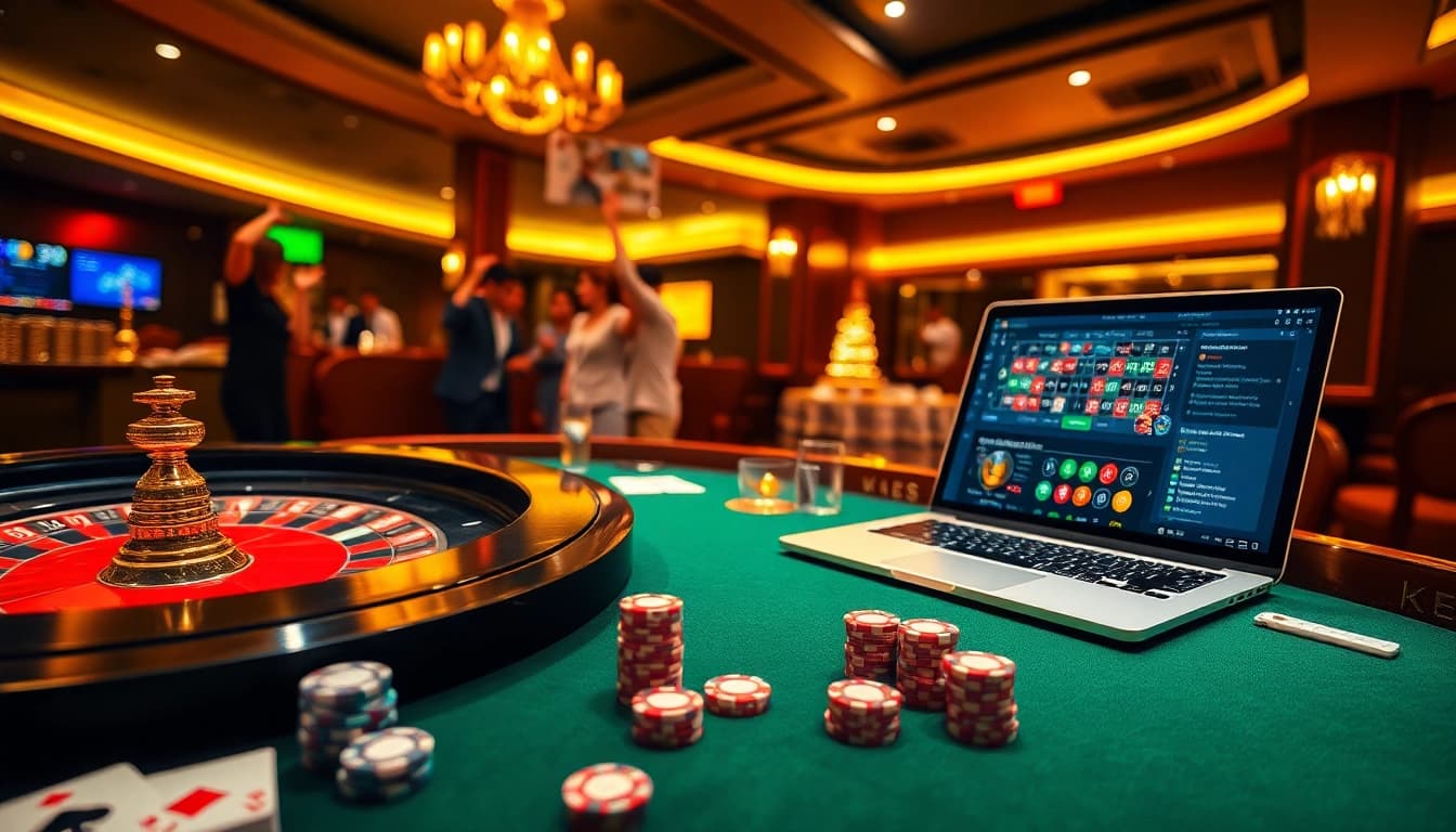 Dewabet Asia casino scene with luxurious table gaming, poker chips, and a display showcasing online gambling features.
