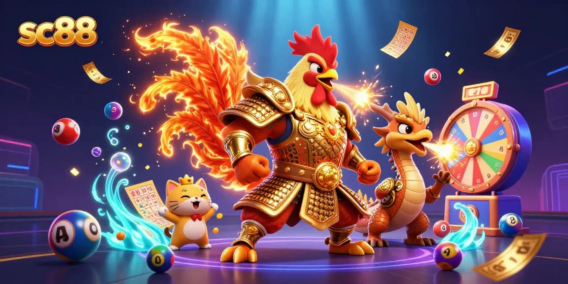 Engage with sc88 through vibrant 3D casino illustration featuring a majestic rooster warrior, dragon hatchling, and fortune cat.