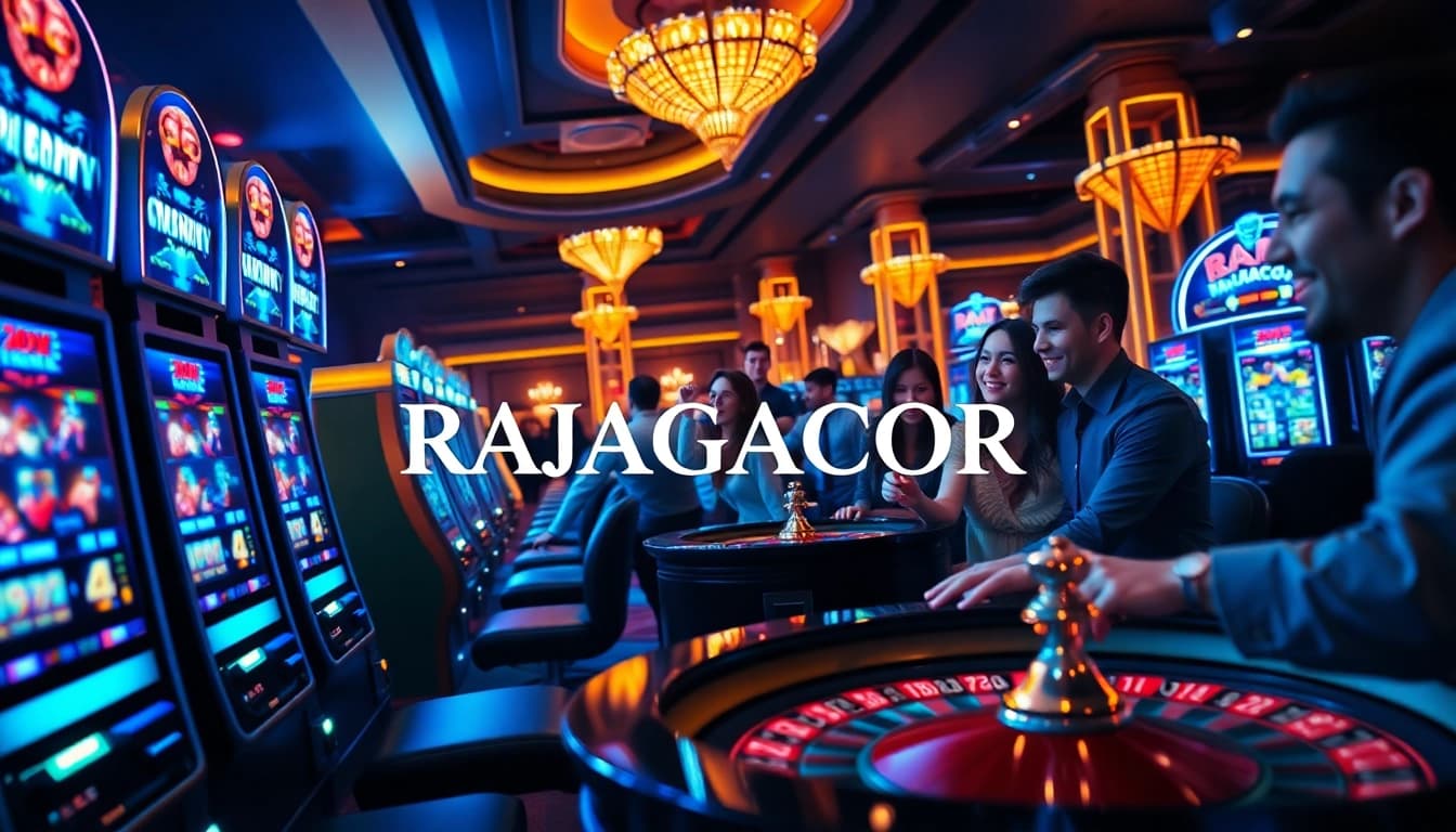 Experience RAJAGACOR's exciting gaming atmosphere with vibrant slot machines and eager players.