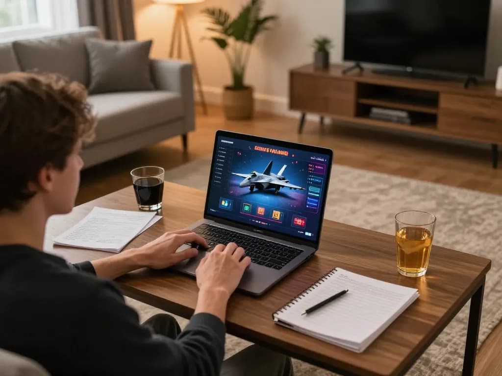 Player engaging with F168 online casino, demonstrating strategic gameplay in a cozy setting.