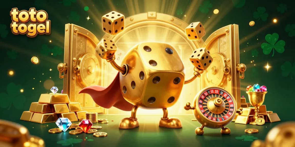 Experience the thrill of toto togel with a vibrant casino scene featuring dynamic dice and treasures.