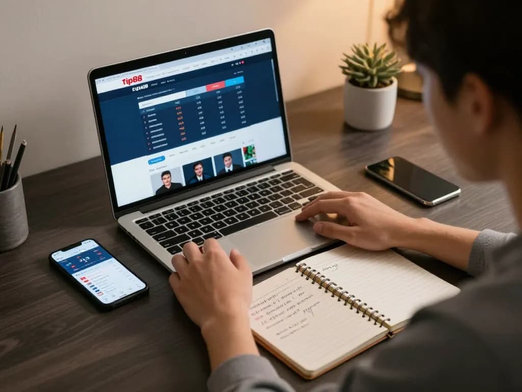 Engaged user placing bets on tip88 via laptop while strategizing at home
