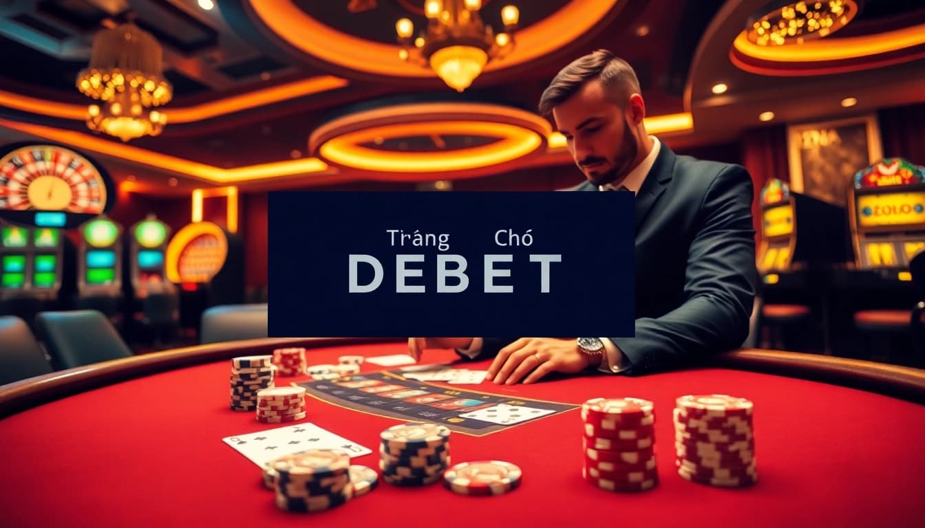 Exciting gambling scene showcasing Trang Chủ DEBET with poker chips, cards, and a dealer in a vibrant casino.
