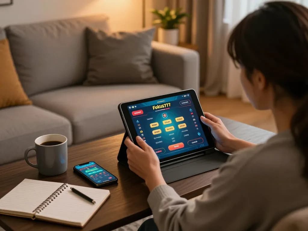 Engaging in online gambling with Fokus777 app on tablet, cozy home setting