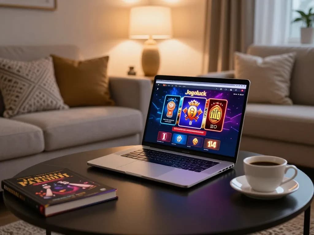 Enjoying a strategic gaming session on Jogoluck with a laptop in a cozy home setting.