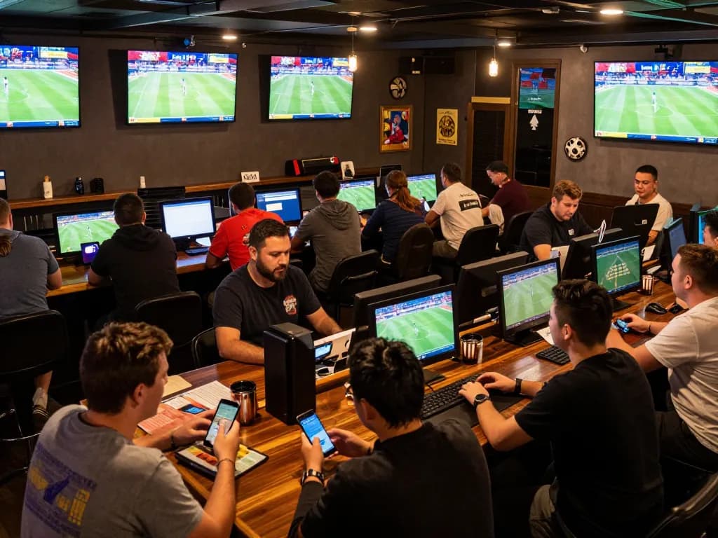 People engaging in dynamic sports betting at a bar, showcasing excitement and interaction at https://mk8th.net/ with live screens and devices.