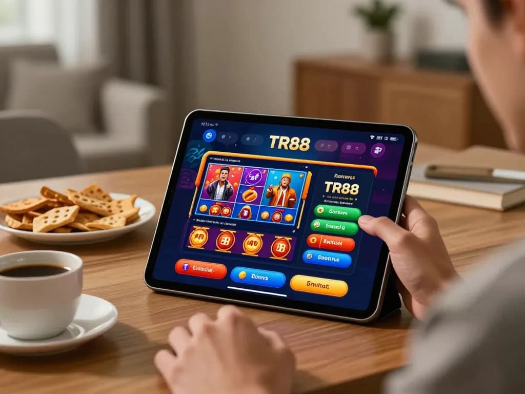 Engaging with the TR88 app while enjoying snacks at home, emphasizing tải tr88 gaming experience.