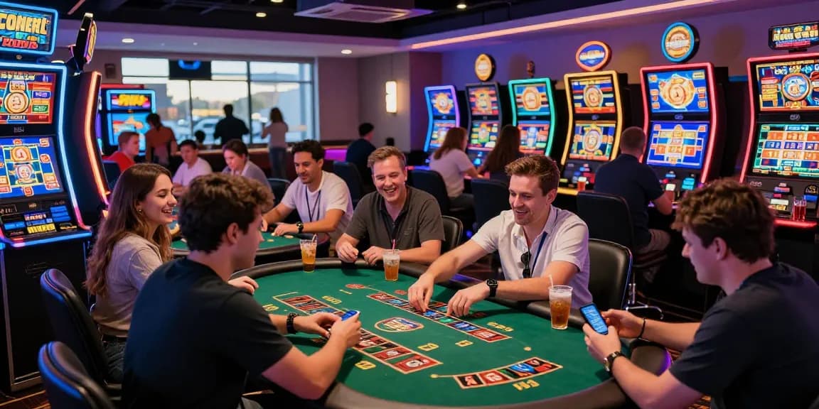 Players enjoying games at credit card casinos featured on https://thebls.org.uk, with vibrant gaming lounge atmosphere and lively interactions.