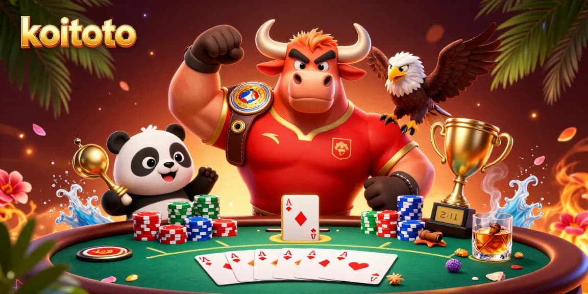 Koitoto players striking wins at the vibrant online casino, with a bull mascot celebrating victory alongside a trophy and poker elements.