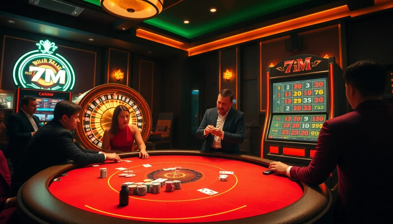 Players engaging in a thrilling poker game at a luxurious casino with 7M labeled slot machines.