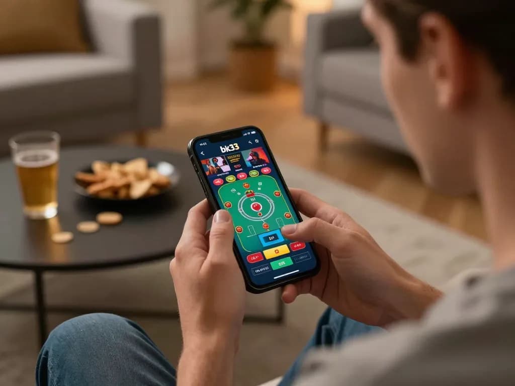 Engaging player using bk33 mobile app for live casino gaming in a cozy home setting