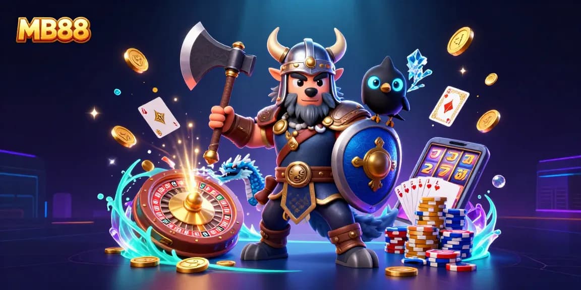 Experience 3D action with MB88's vibrant casino scene featuring champions and treasures.