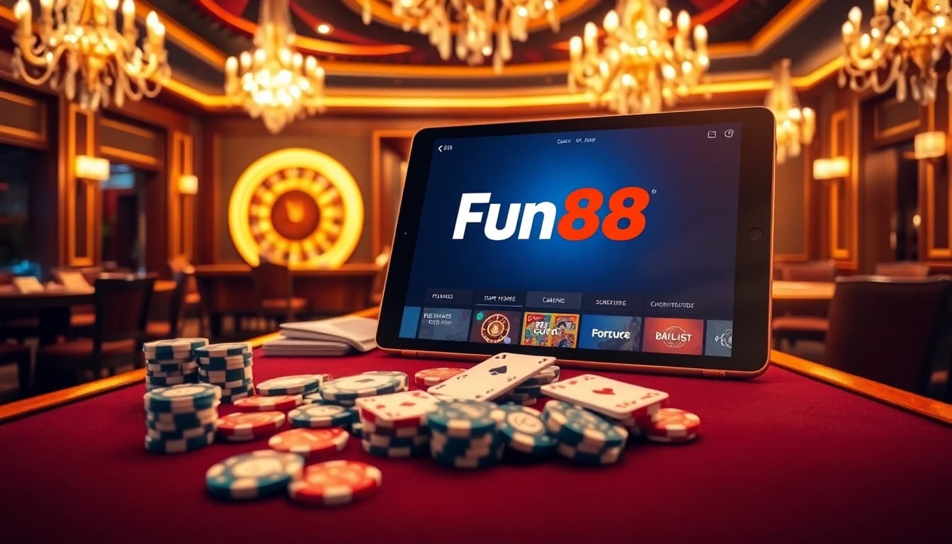 Experience thrilling gaming at Fun88 with a luxurious casino setting featuring vibrant roulette and poker elements.