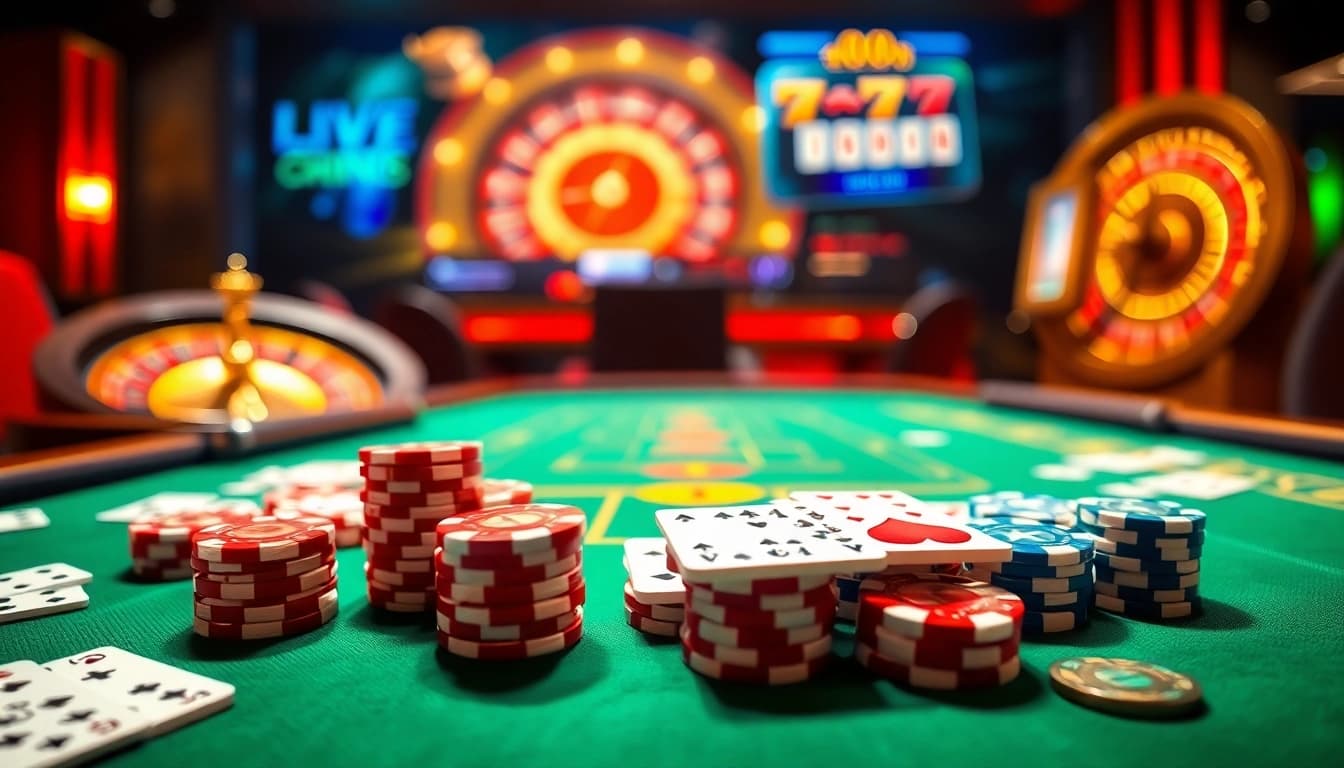 Experience thrilling gameplay on Dominoqiu, featuring a luxurious poker table and vibrant casino atmosphere.