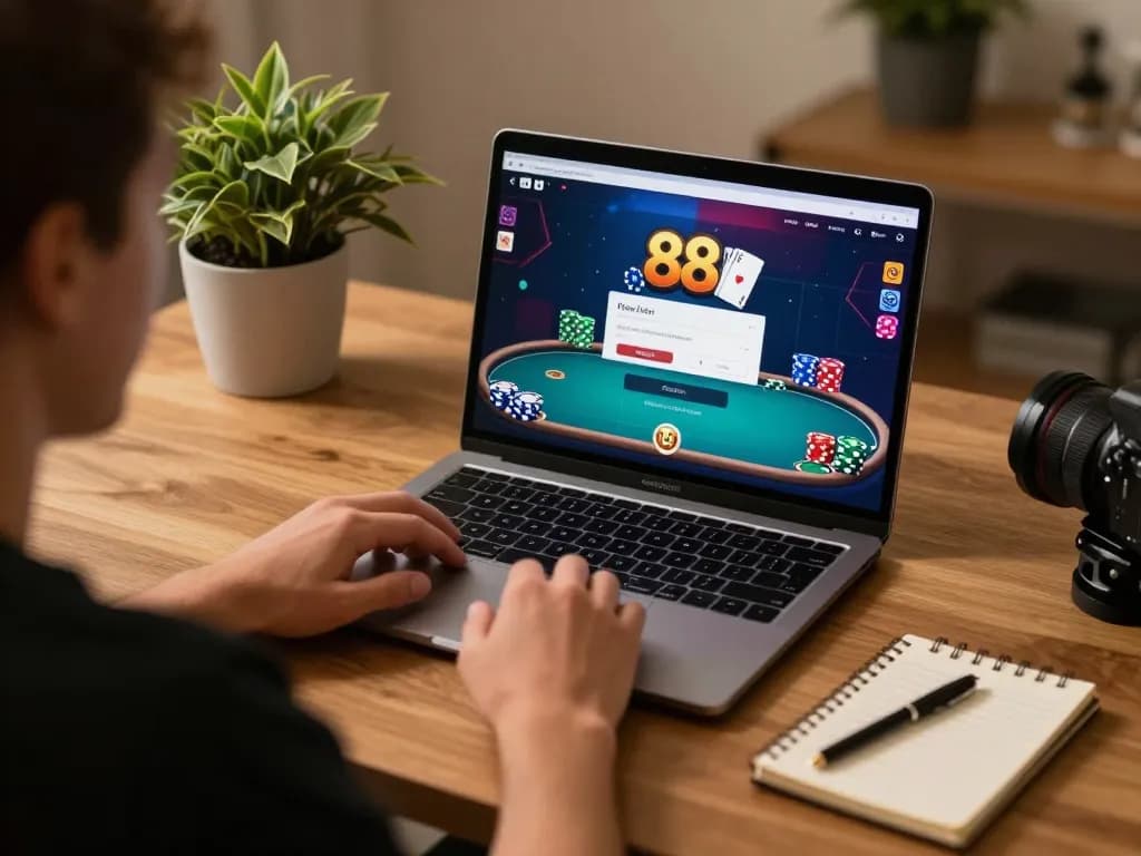 Player focuses on Poker 88 Login while strategizing online poker game from their cozy home desk
