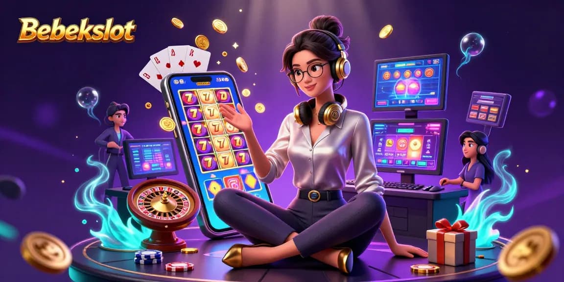 Bebekslot showcases an elegant gamer with phones and casino elements exploding in golden coins and cards.
