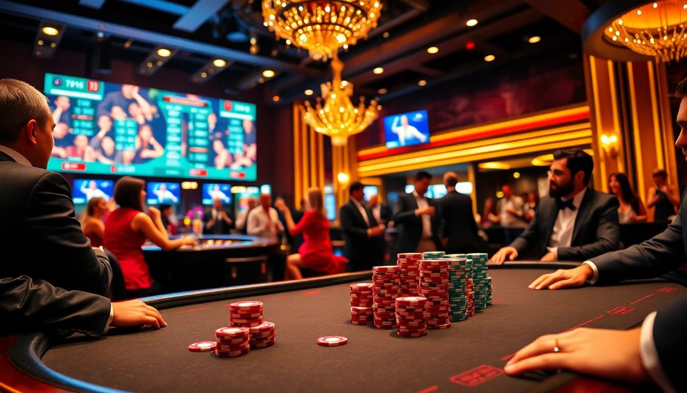 Surewin casino scene featuring an exciting poker game with vibrant chips and a spinning roulette wheel.