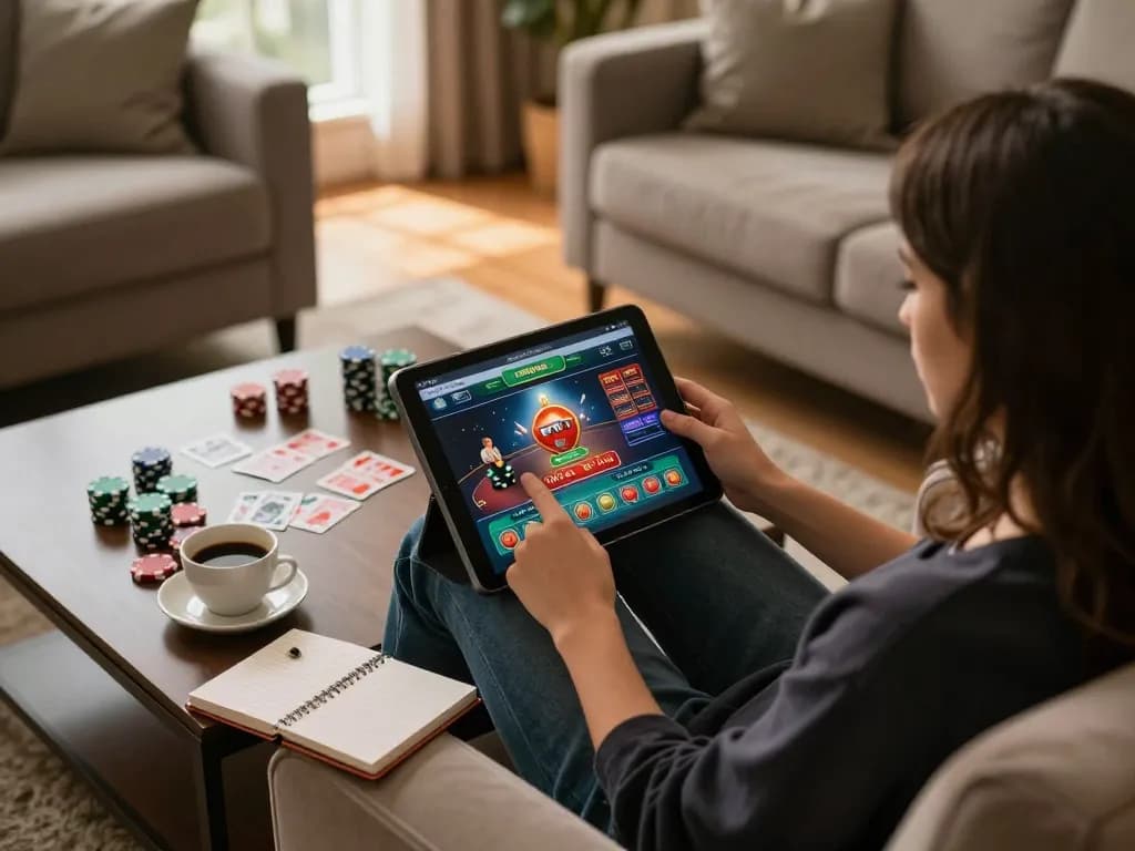 Newbie gambler learning strategies on kp88 while enjoying an online casino experience at home.