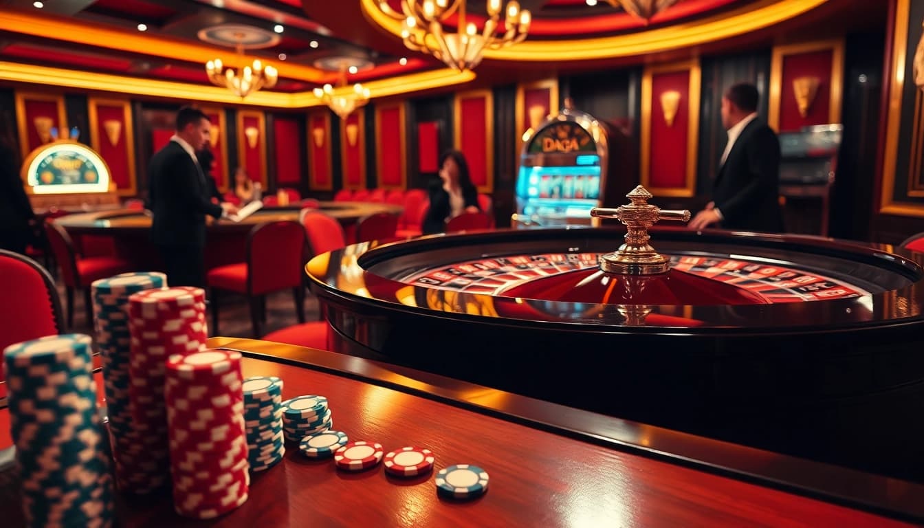 Daga-themed casino image showcasing a roulette table with vibrant decor and eager players.