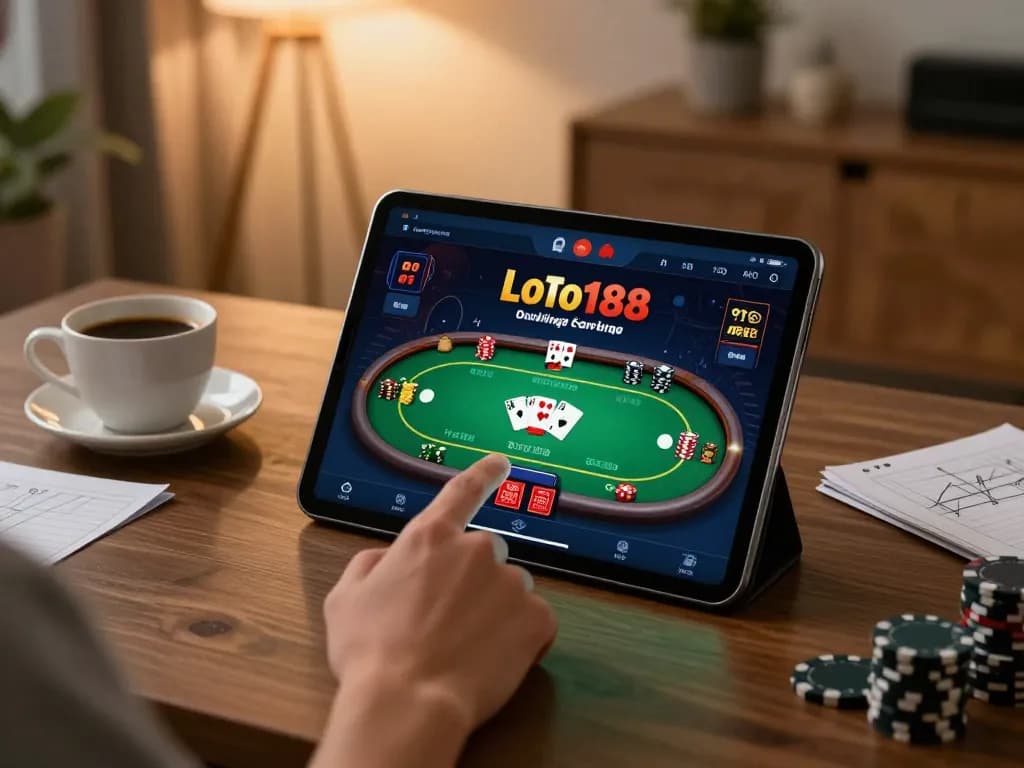 Player enjoying loto188 mobile app for online poker in a cozy home setup with coffee and strategy notes.