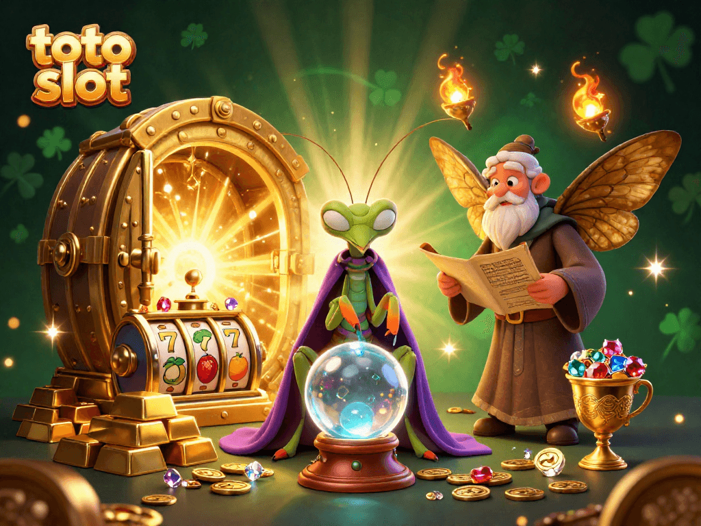 Experience the thrill of toto slot gaming in this vibrant 3D illustration featuring mystical characters and rich rewards.