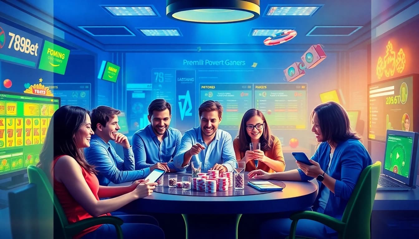 Vibrant online gaming scene representing 789bet with players engaged in various games, showcasing a modern digital betting interface.