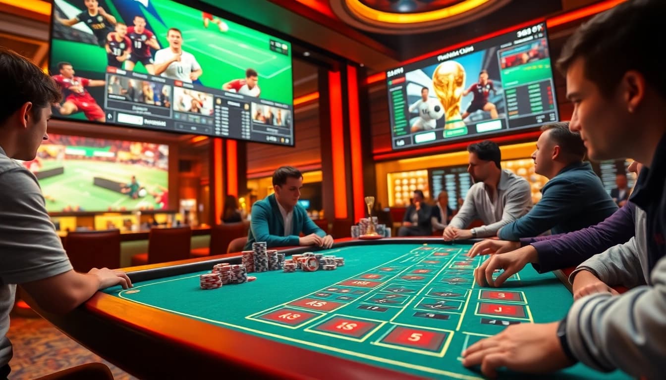 Engaging scene of Judi Bola Piala Dunia betting at a luxurious casino with vibrant poker chips.