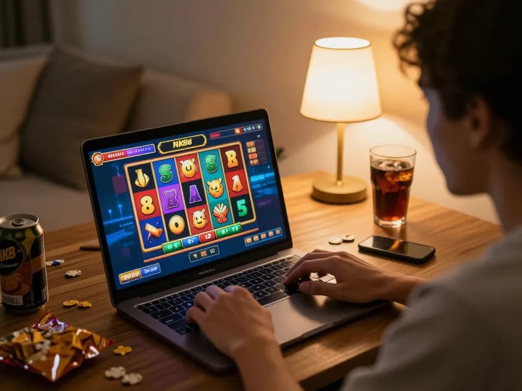 Player experiencing Nk88 win excitement with online slots during cozy home gaming session.