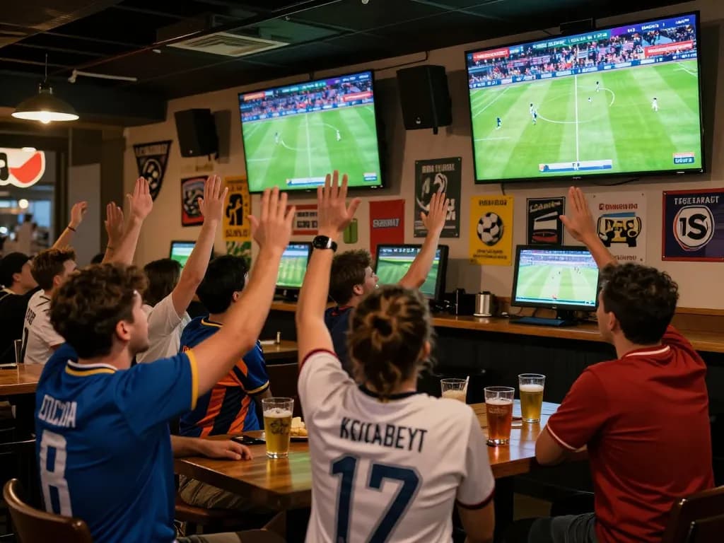 Engaged fans enjoying Trực tiếp bóng đá at a lively sports bar during a thrilling match.