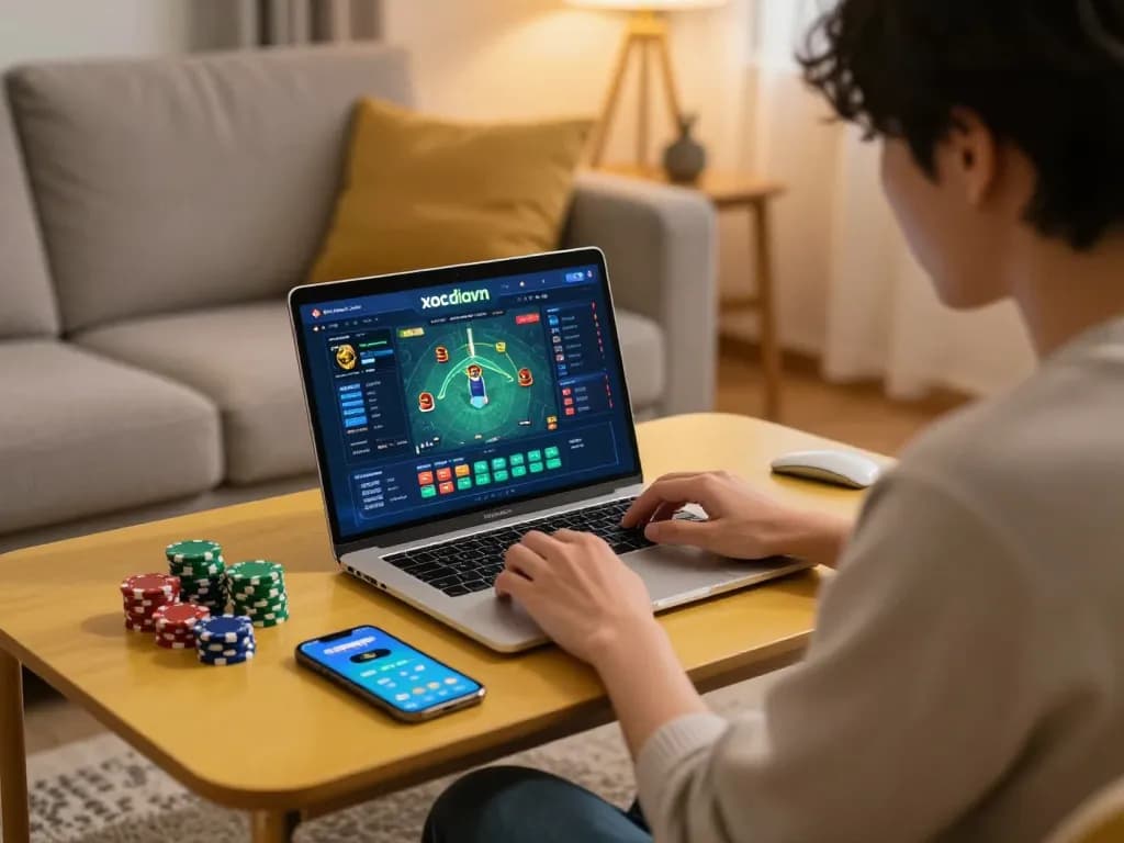 Engaged user playing xocdiavn online betting with laptop in a cozy home environment.