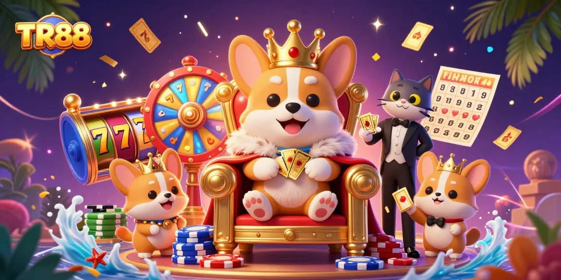 Experience the excitement of TR88 as royal corgis celebrate online gaming victories with vibrant slot games and prizes.
