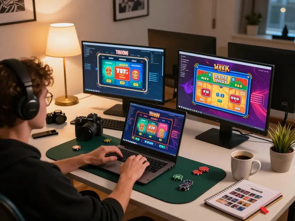 Engaged user on laptop playing poker at home, showcasing 388bet online gaming experience.