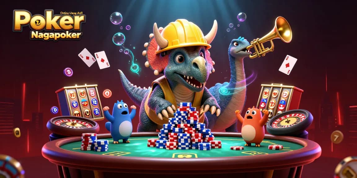 Poker Online Uang Asli Nagapoker features a playful scene with cartoon dinosaurs celebrating poker triumphs.