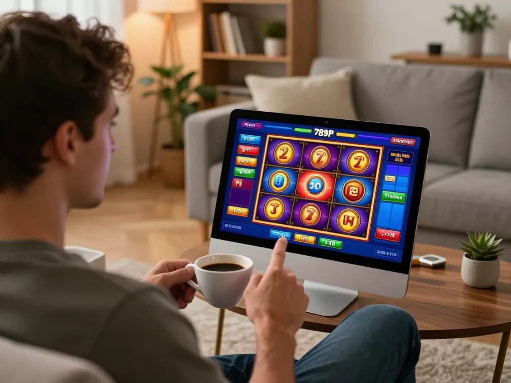 Player enjoying online slots on the 789P app, showcasing dynamic gameplay in a cozy home setting.