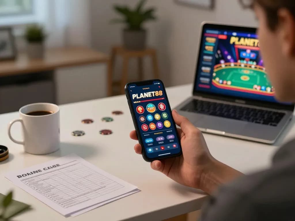 Engaging mobile gaming experience on PLANET88 app, showcasing user's strategy notes and smartphone graphics.