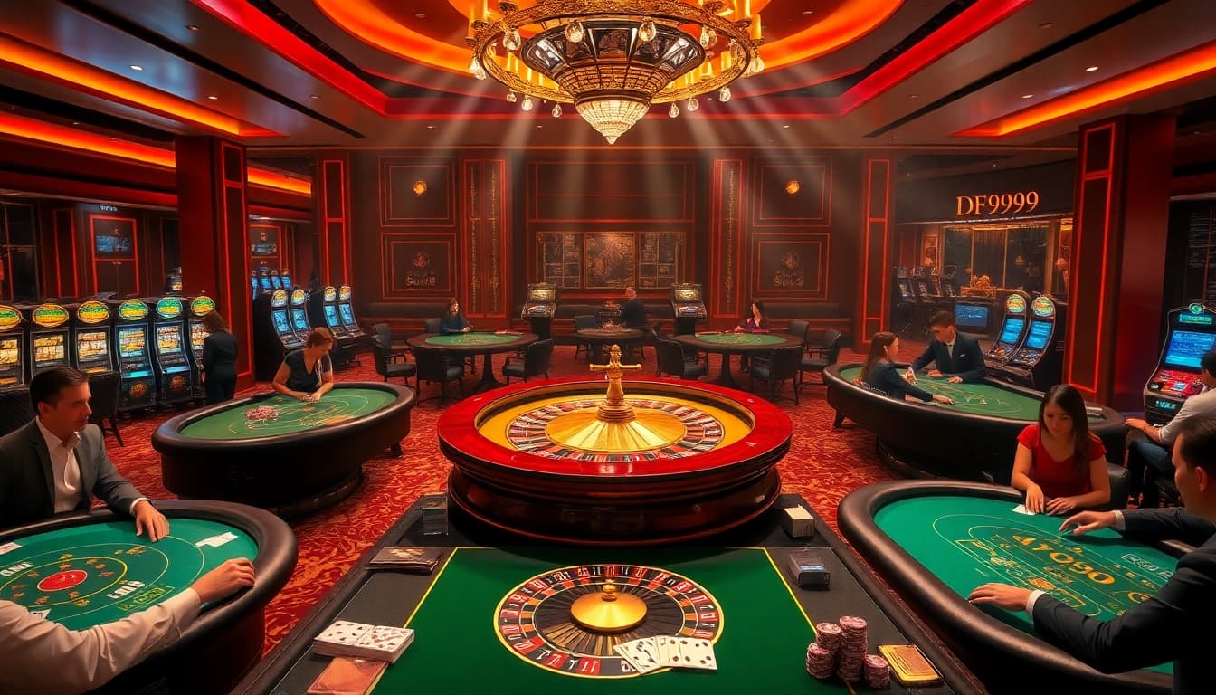Experience the thrill of gambling at DF999's luxurious casino featuring roulette and blackjack tables.