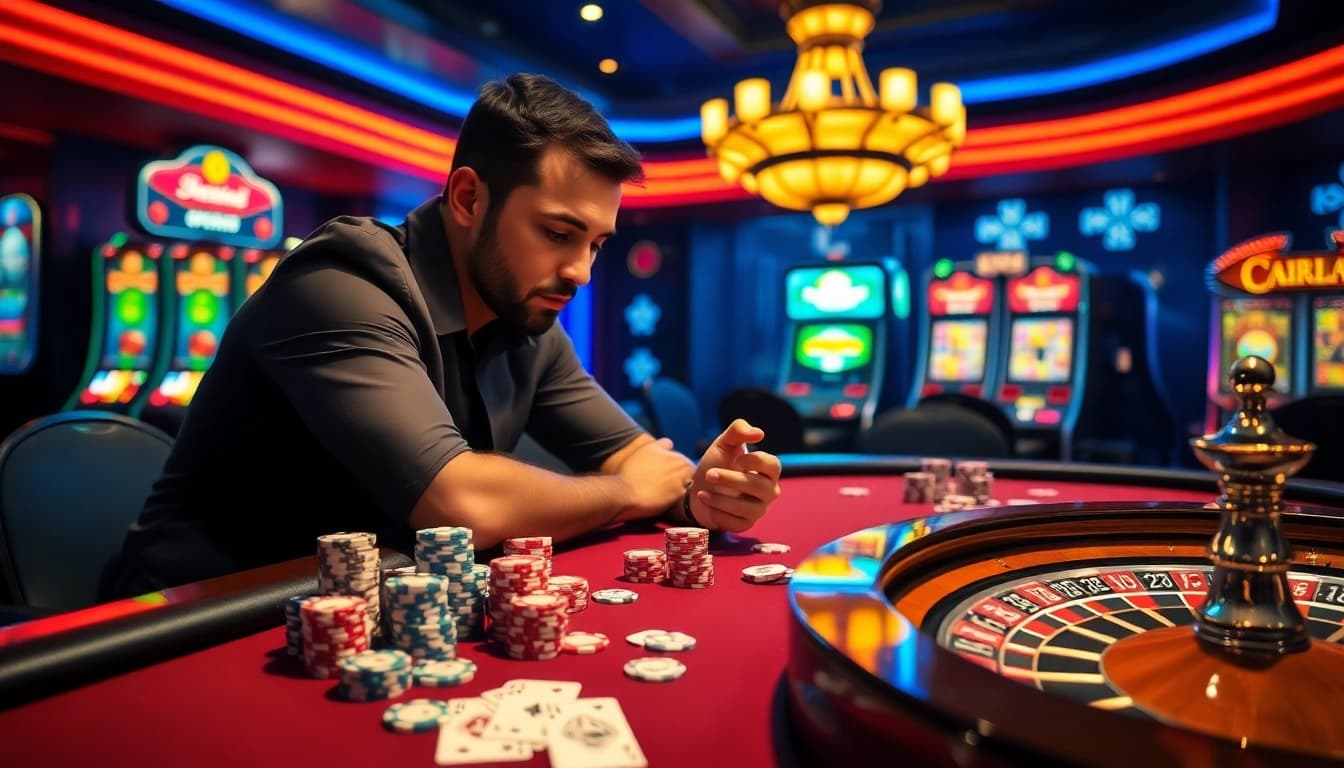 S8 players strategizing at a luxurious casino table with poker chips and cards.