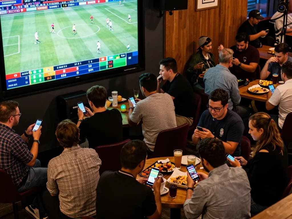 Fans engaging in live sports betting at man88a with smartphones, cheering on their teams.