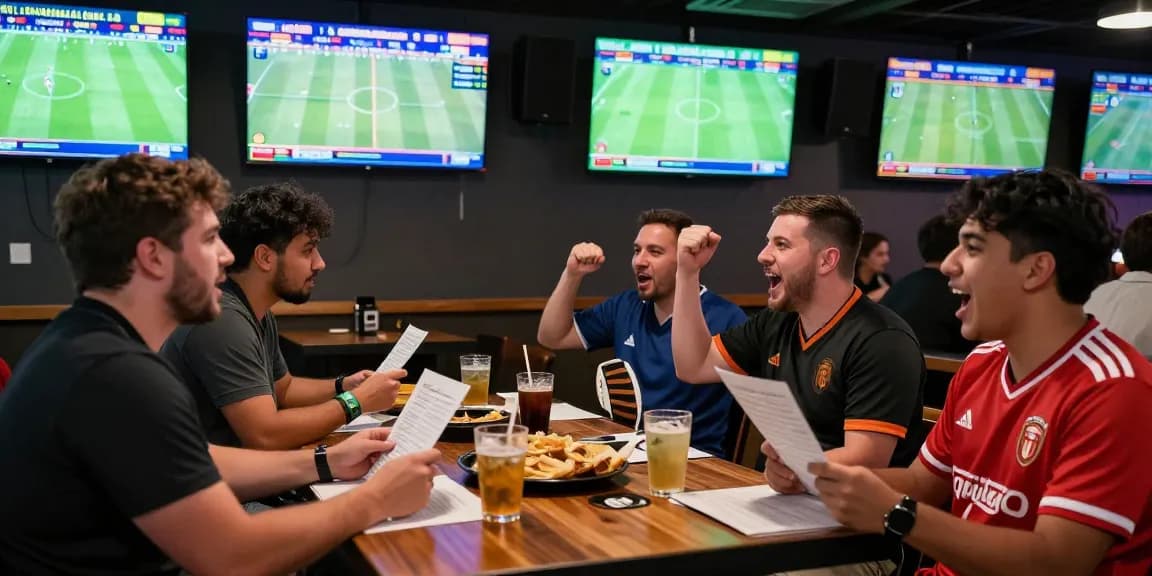 Exciting sports betting scene at a bar with fans using https://soikeonhacai.com.co/ for live odds and analysis.