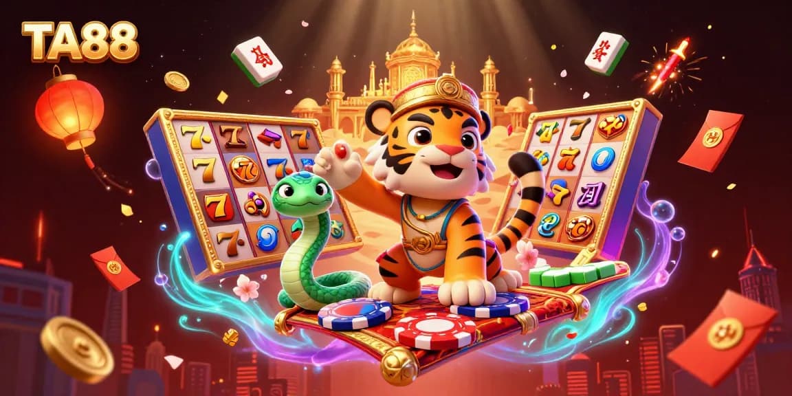 Experience casino magic with TA88's jackpot tigers on a vibrant poker carpet.