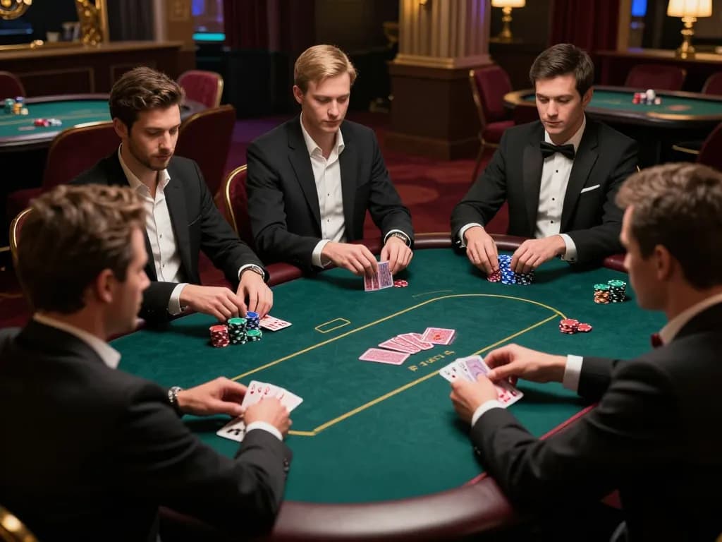 Players engaging in a thrilling game of poker at RIKVIP's elegant casino table