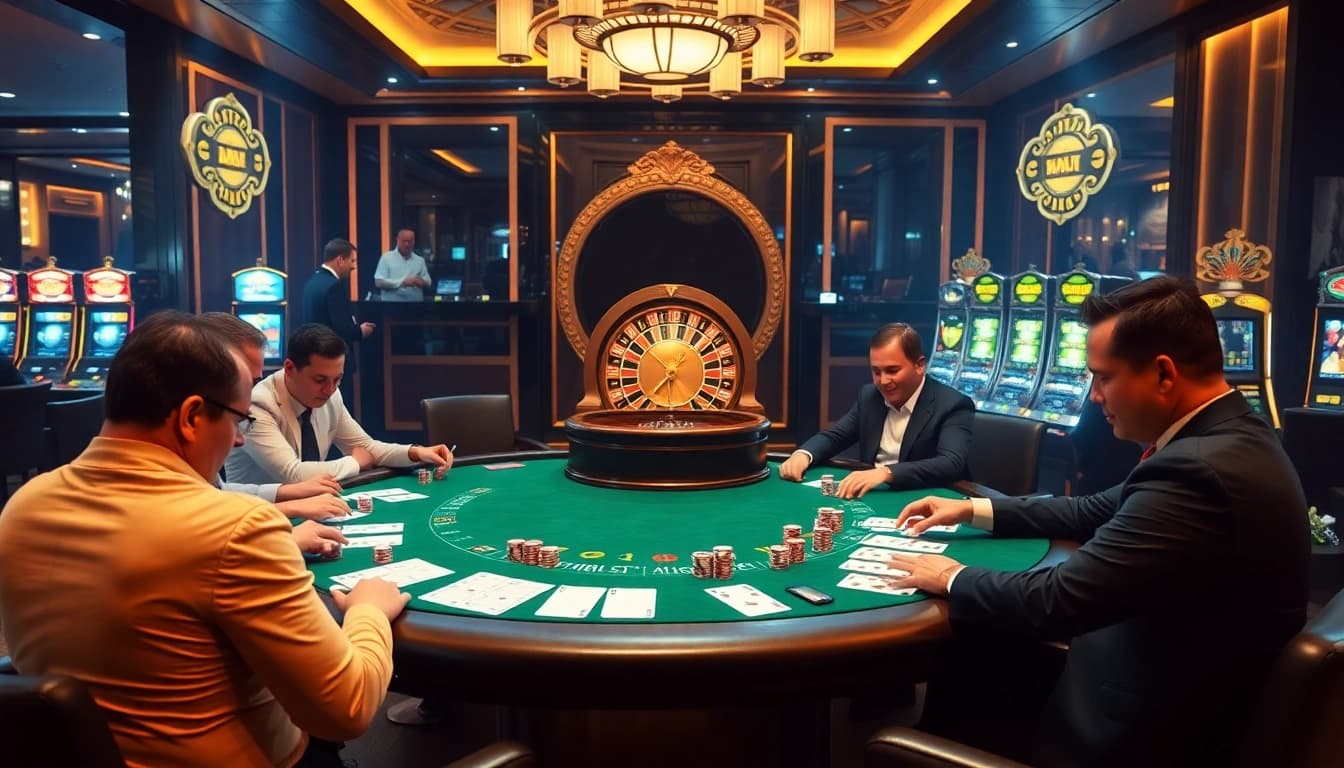 Exciting tabletop gaming environment showcasing the thrill of Lô Đề Trực Tuyến with poker action and roulette.