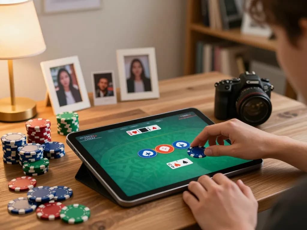 Join the excitement of sunwin poker gameplay at home, highlighting strategic betting moments and a cozy atmosphere.