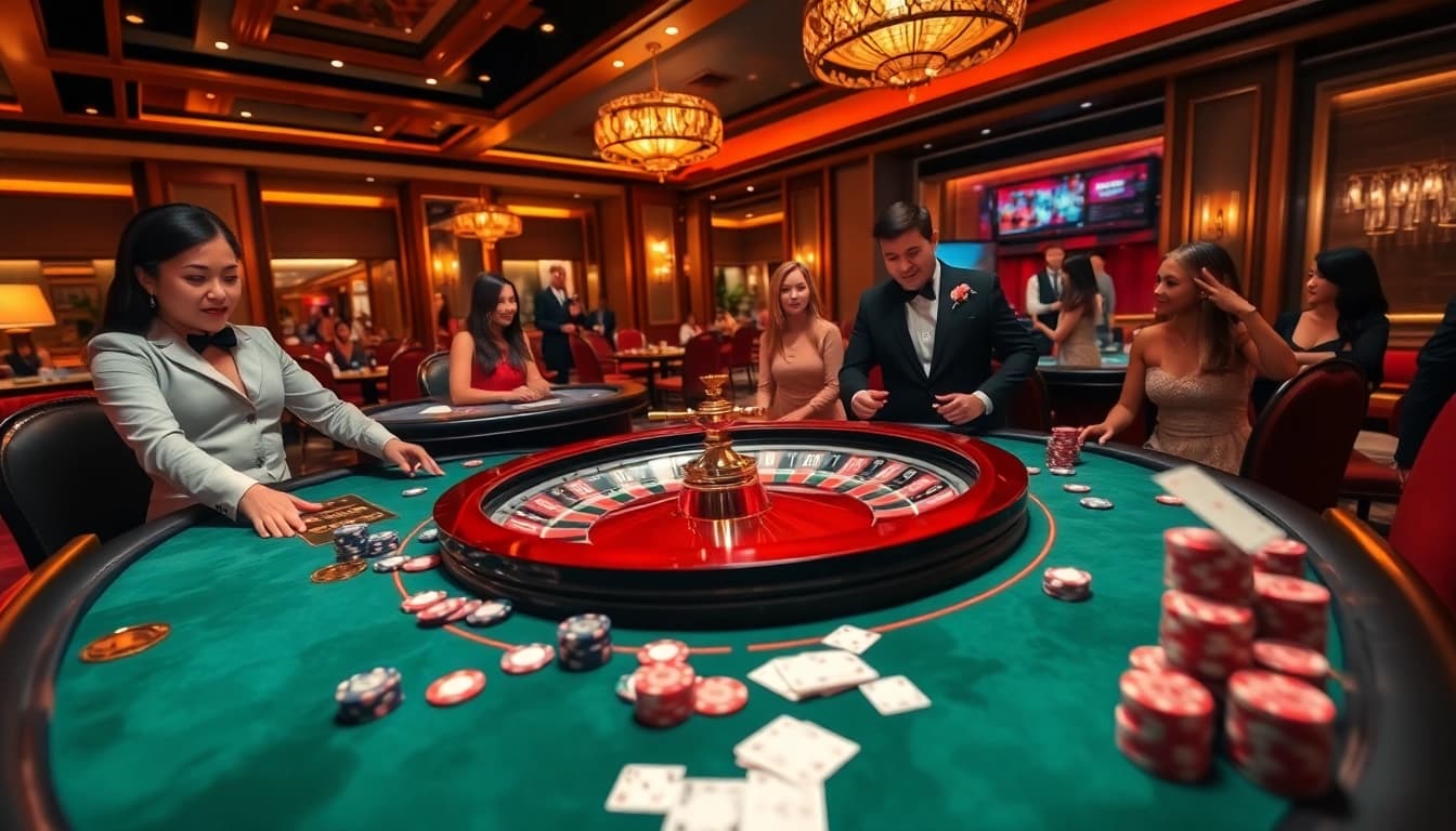 Experience the thrill of xin88 with a luxurious poker table surrounded by eager players and high-stakes action.